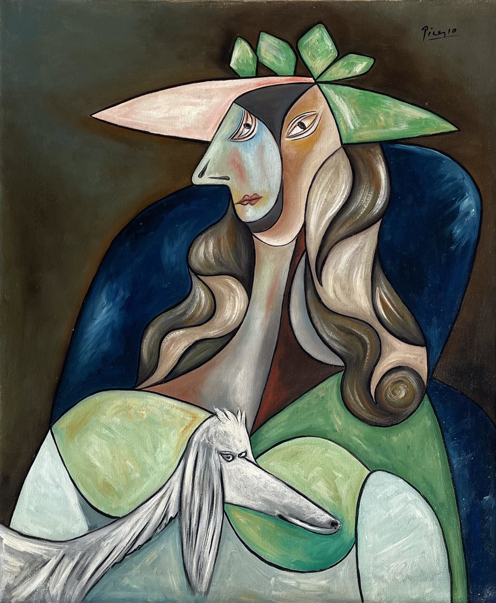 Pablo Picasso (Oil on Canvas): Picasso appears in Upper right. Rendered in the cubist style of Pablo Picasso. Technique: Oil on Canvas. Measures: 24 x 20 Inches. Provenance: Private collection. Lived between (25 October 1881 8 Apri
