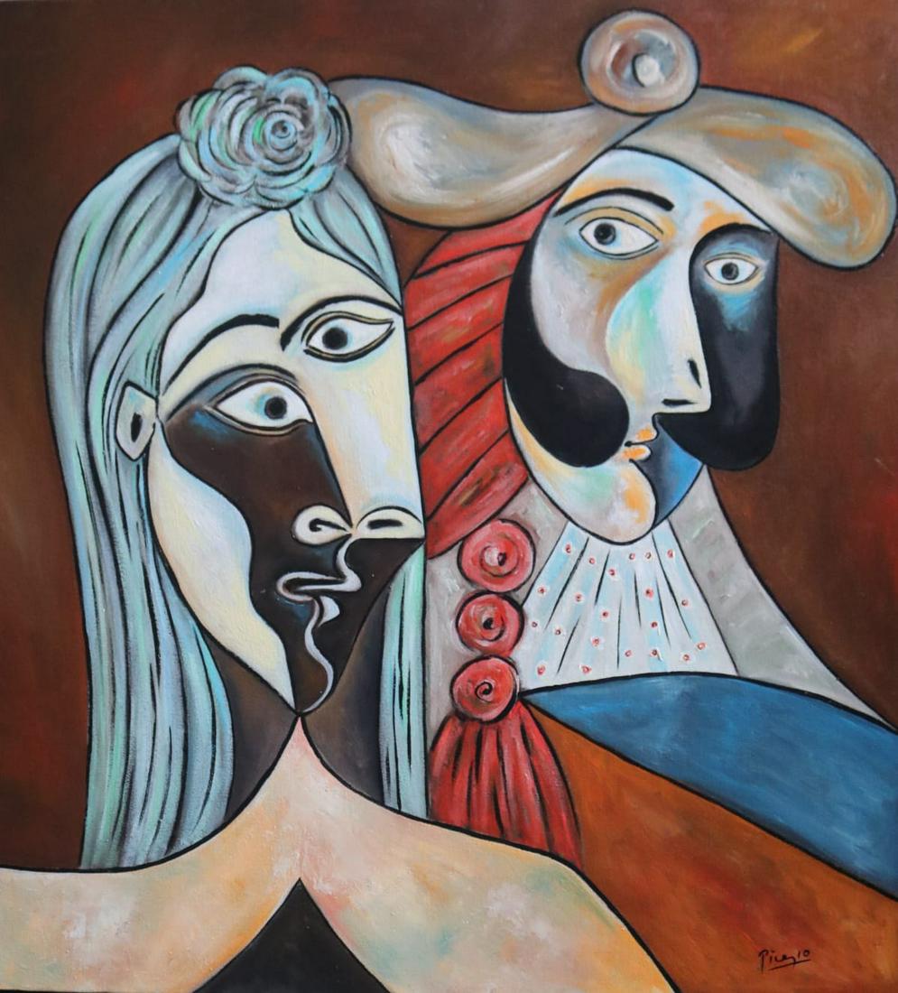 Pablo Picasso (Oil on Canvas): Picasso appears in Lower right. Rendered in the cubist style of Pablo Picasso. Technique: Oil on Canvas. Measures: 26 x 20 Inches. Provenance: Private collection. Lived between (25 October 1881 8 Apri