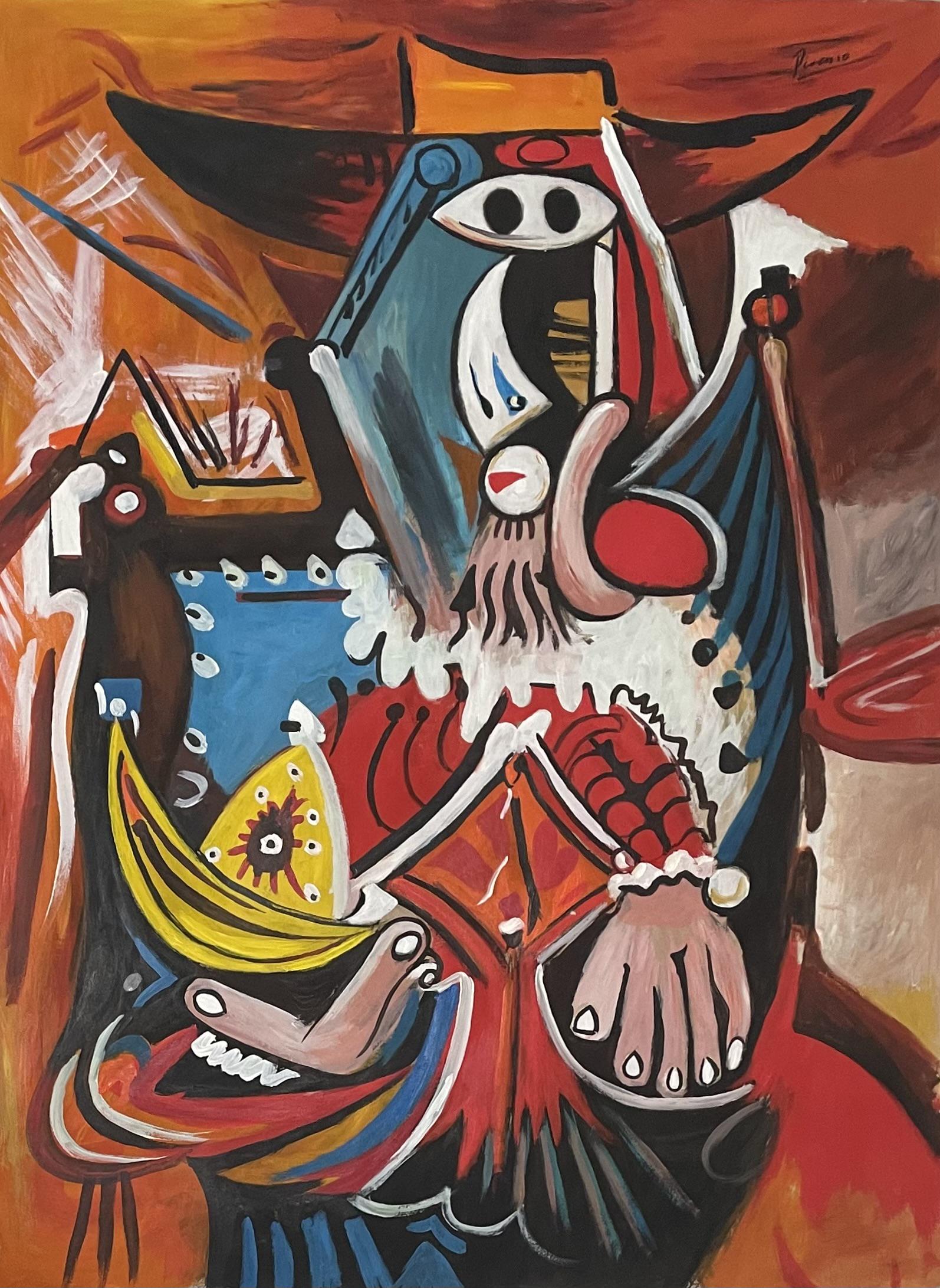 Pablo Picasso (Gouache on Paper): Picasso Appears in Upper right. Rendered in the cubist style of Pablo Picasso. Technique: Gouache on Paper. Measures: 29 1/2 x 22 Inches. Provenance: Private collection. Lived between (25 October 1881