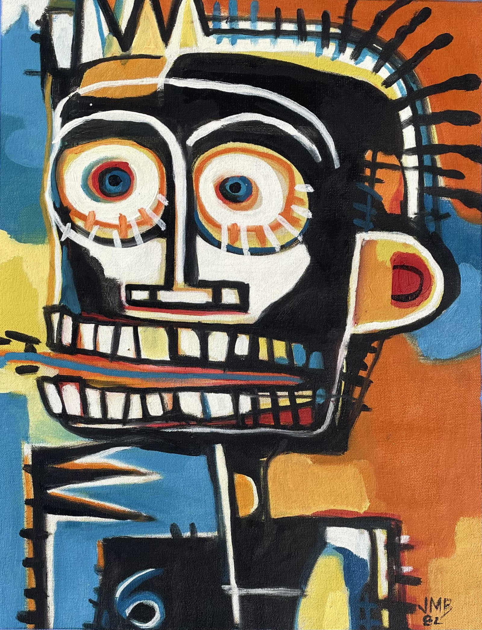 Jean Michel Basquiat (Acrylic on canvas): JMB 82 appears in the Lower right margin. Rendered in the style of Jean Michel Basquiat. Technique: Acrylic on Canvas painting. Measures: 17 1/2 x 13 1/2 inches. Provenance: Private collection. Lived