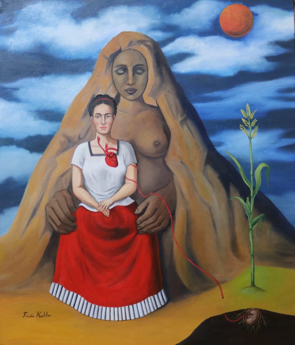 Frida Kahlo (Oil on Canvas): Frida Kahlo appears in the Lower Left margin. Rendered in the style of Frida Kahlo. Technique: Oil on canvas. Measures:24 X 20 Inches. Provenance: Private Collection. Lived between (6 July 1907 Ã¢&e