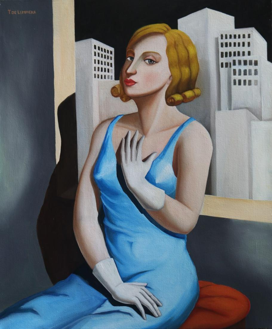 Tamara de Lempicka (Oil on canvas): Tamara de Lempicka appears in upper left.Rendered in the Art Deco style of Tamara de Lempicka. Technique: Oil on Canvas. Measures: 22 x 18 Inches. Provenance: Private collection. Lived between May 189