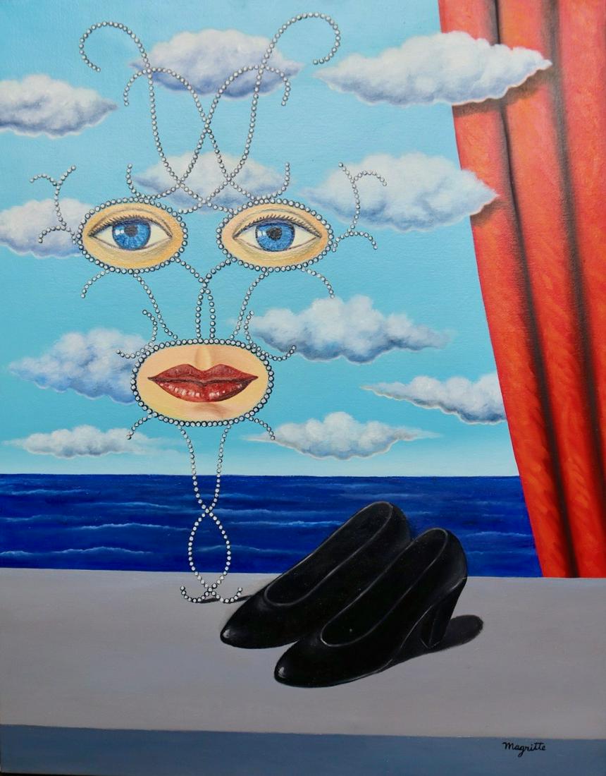 Rene Magritte (Oil on Canvas): Magritte Appears in Lower right.Rendered in the surrealist Style of Rene Magritte. Technique: Oil on Canvas painting. Measures: 26 x 20 Inches. Provenance: Private collection. Lived Between (21 Novemb