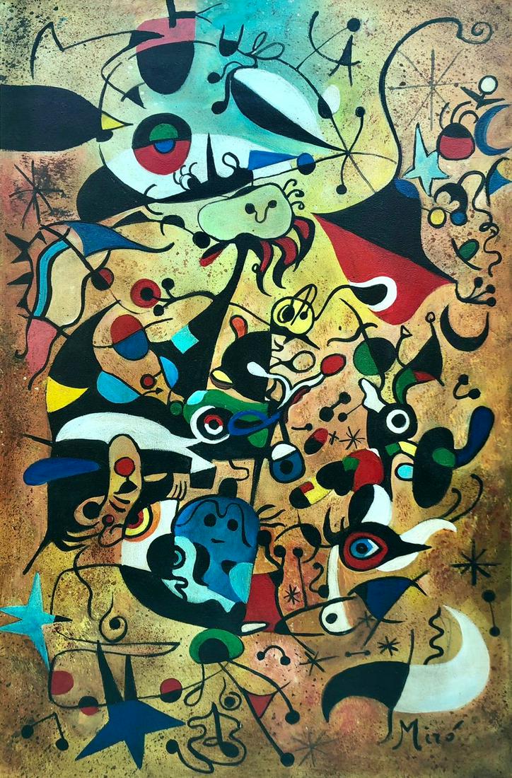 Joan Miro (Oil on Canvas) In The Style Of: Miro appears in Lower right. Rendered in the surrealist style of Joan Miro. Technique: Oil on Canvas. Measures: 23 x 15 Inches. Provenance: Private Collection. Lived between (20 April 1893 25 December