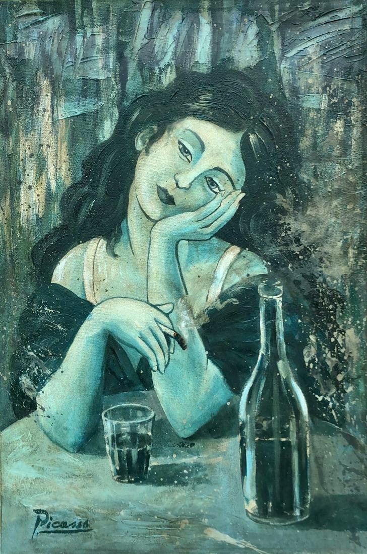 Pablo Picasso (Oil on Canvas) In The Style Of: Picasso appears in Lower Left. Rendered in the cubist style of Pablo Picasso. Technique: Oil on Canvas. Measures: 23 1/2 x 15 1/2 Inches. Provenance: Private collection. Lived between (25 October 1881