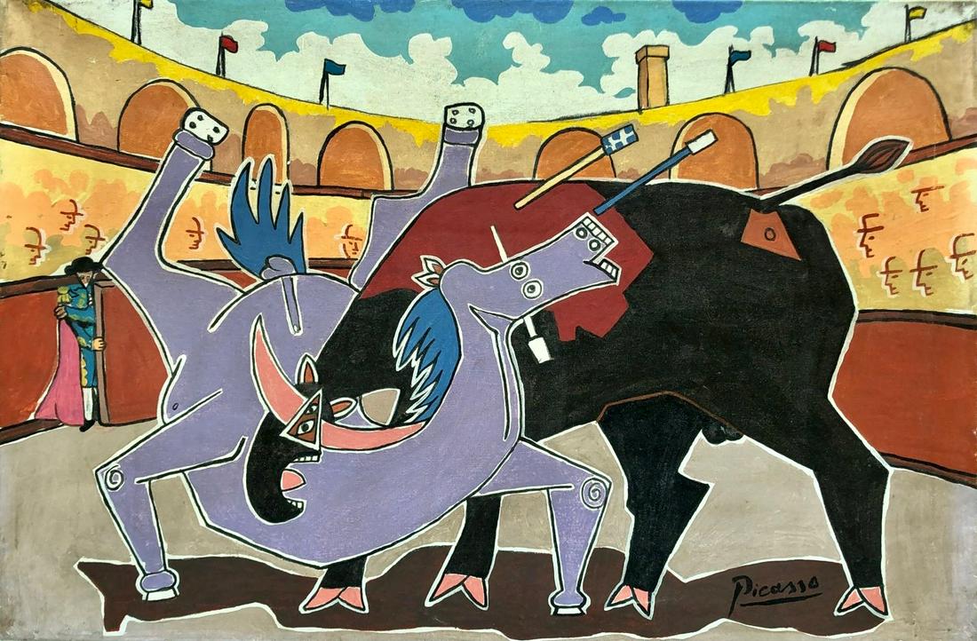 Pablo Picasso (Oil on Canvas) In The Style Of: Picasso appears in Lower Right Rendered in the cubist style of Pablo Picasso. Technique: Oil on Canvas. Measures: 15 3/4 x 23 1/2 Inches. Provenance: Private collection. Lived between (25 October 1881