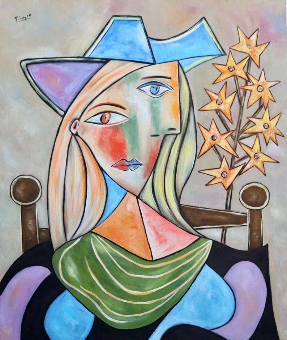 Pablo Picasso (Oil on Canvas) In The Style Of: Picasso appears in Upper left Rendered in the cubist style of Pablo Picasso. Technique: Oil on Canvas. Measures: 26 x 22 Inches. Provenance: Private collection. Lived between (25 October 1881 8 April 