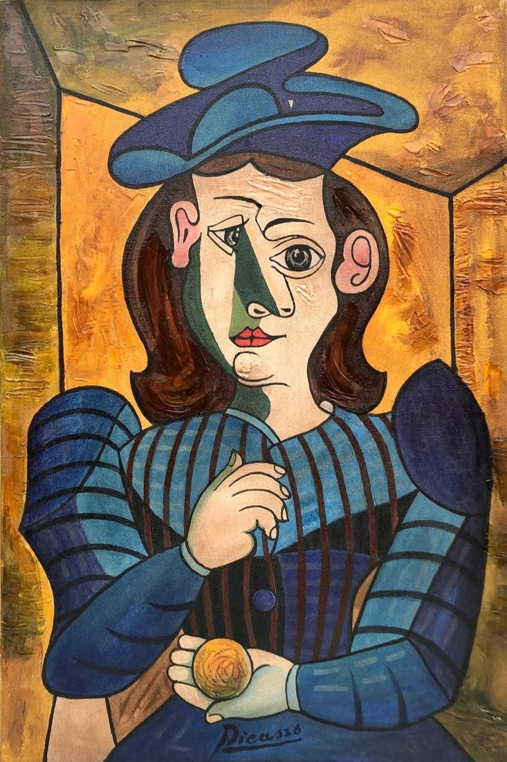 Pablo Picasso (Oil on Canvas) In The Style Of: Picasso appears in Lower center Rendered in the cubist style of Pablo Picasso. Technique: Oil on Canvas. Measures: 23 x 15 Inches. Provenance: Private collection. Lived between (25 October 1881 8 Apri
