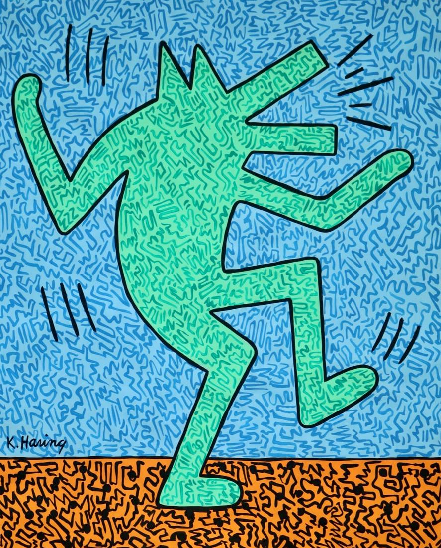 Keith Haring (Gouache on Paper) In The Style Of: K. Haring appears in LowerLeft.Rendered in the pop art style of Keith Haring . Technique: Gouache on paper painting. Measures 17 x 13 3/4 Inches. Provenance: Private collection. Lived Between (May 4,