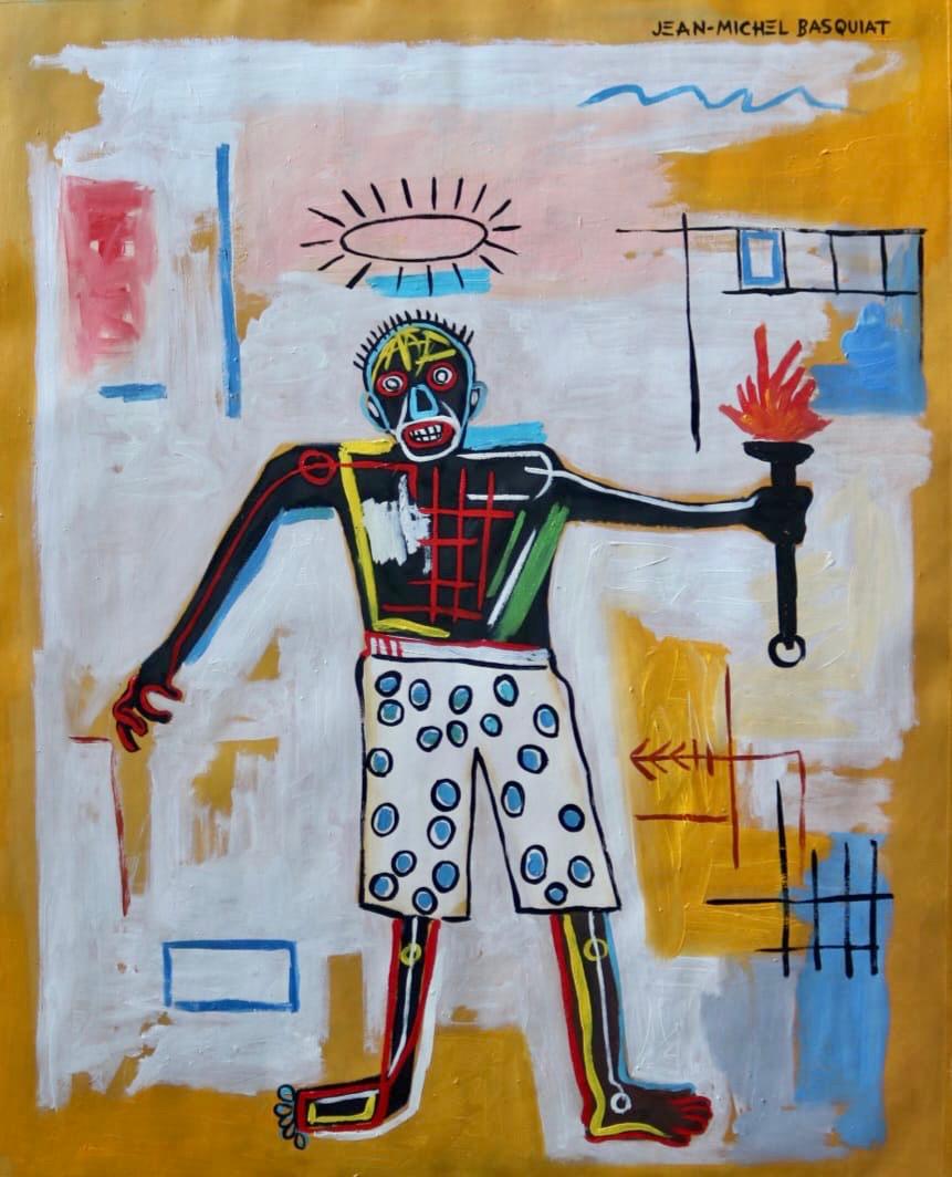 Jean Michel Basquiat (Mixed Media on Paper) In The Style Of: Jean Michel Basquiat appears upper right. Rendered in the Style of Jean Michel Basquiat. Technique: Mix media on paper painting. Measures: 17 x 13 inches. Provenance: Private collection. Lived Between