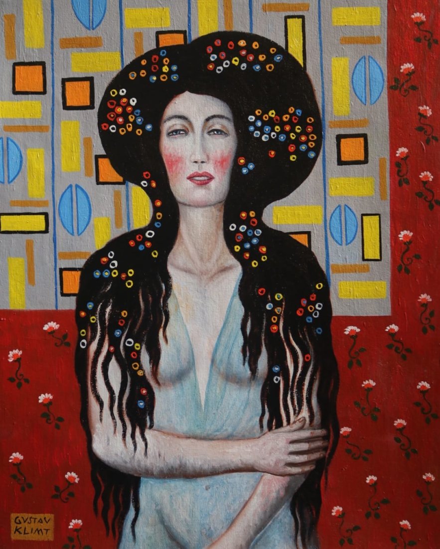 Gustav Klimt (Oil on Canvas) In The Style Of: Gustav Klimt appears in Lower Left. Rendered in the style of Gustav Klimt. Technique: Oil on Canvas painting. Measures: 20 x 16 Inches. Provenance: Private collection. Live between:(July 14, 1862 Febr
