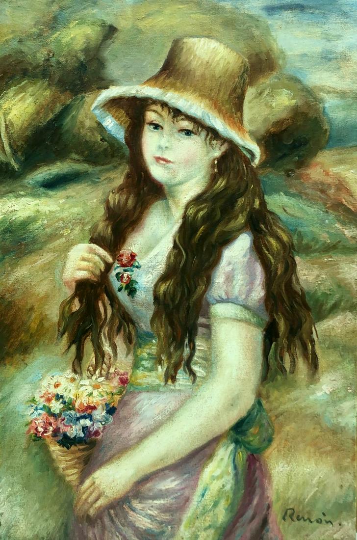 Pierre-Auguste Renoir ( Oil on Canvas) In The Style Of: Renoir appears in Lower right. Rendered in the style of Pierre Auguste Renoir. Technique: Oil on Canvas painting. Measures: 23 x 15 Inches. Provenance: Private collection. Live between25 February 1841