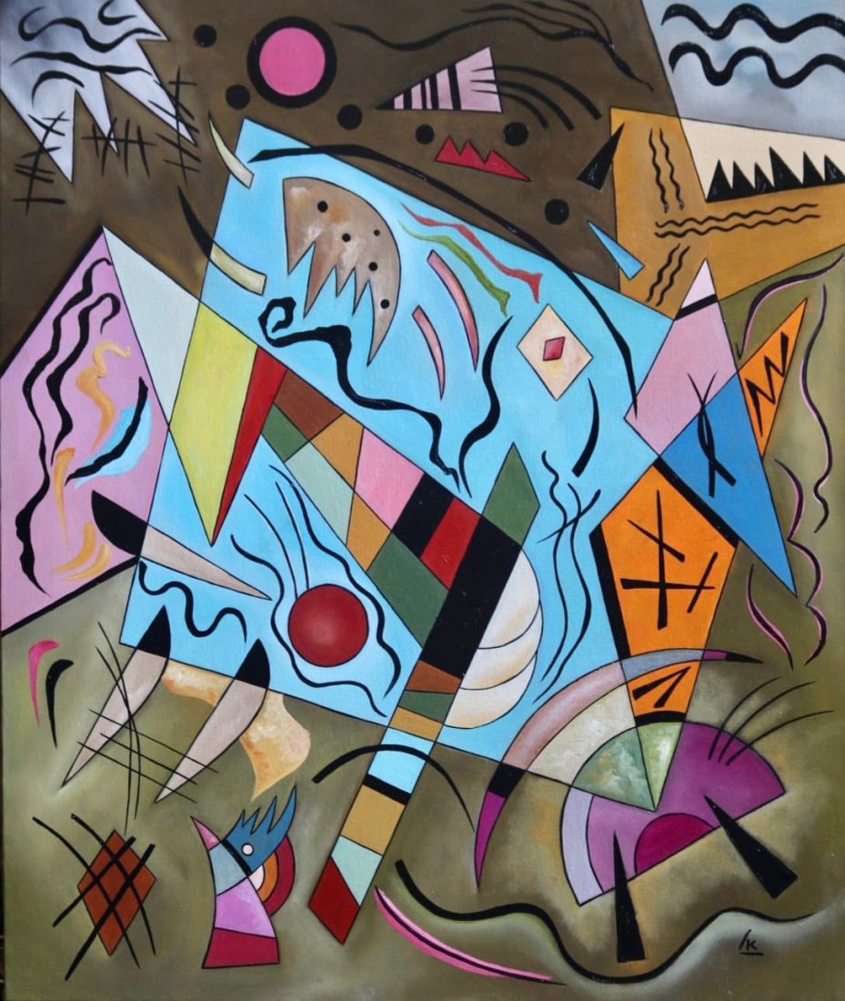 Wassily Kandinsky (Oil on Canvas) In The Style Of: Kandinsky appears in lower right. Rendered in the Style of Wassily Kandinsky . Technique: Oil on canvas painting. Measures 25 x 21 Inches. Provenance: Private collection. Lived Between (4 December] 18