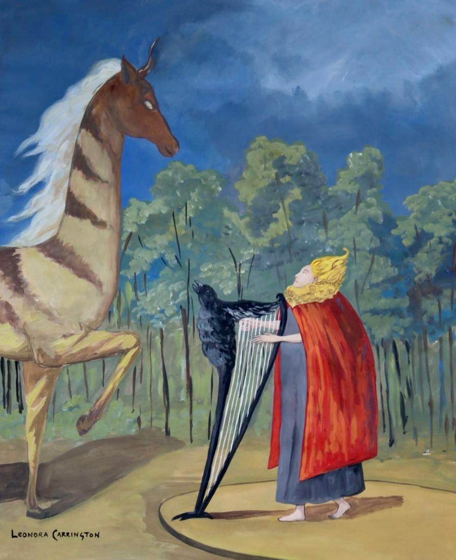 Leonora Carrington (Gouache on Paper) In The Style Of: Leonora Carrington appears in lower left. Rendered in the Style of Leonora Carrington . Technique: Gouache on Paper painting. Measures 15 x 12 1/2 Inches. Provenance: Private collection. Lived Between