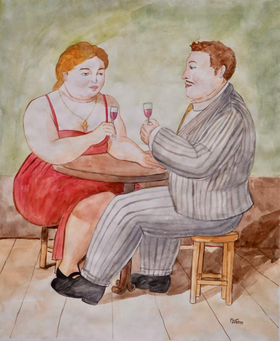 Fernando Botero (Watercolor on Paper) In The Style Of: Botero appears in Lower Right. Rendered in the style of Fernando Botero Technique: Watercolor on paper painting. Measures: 16 x 13. (born 19 April 1932) is a Colombian figurative artist and sculptor,