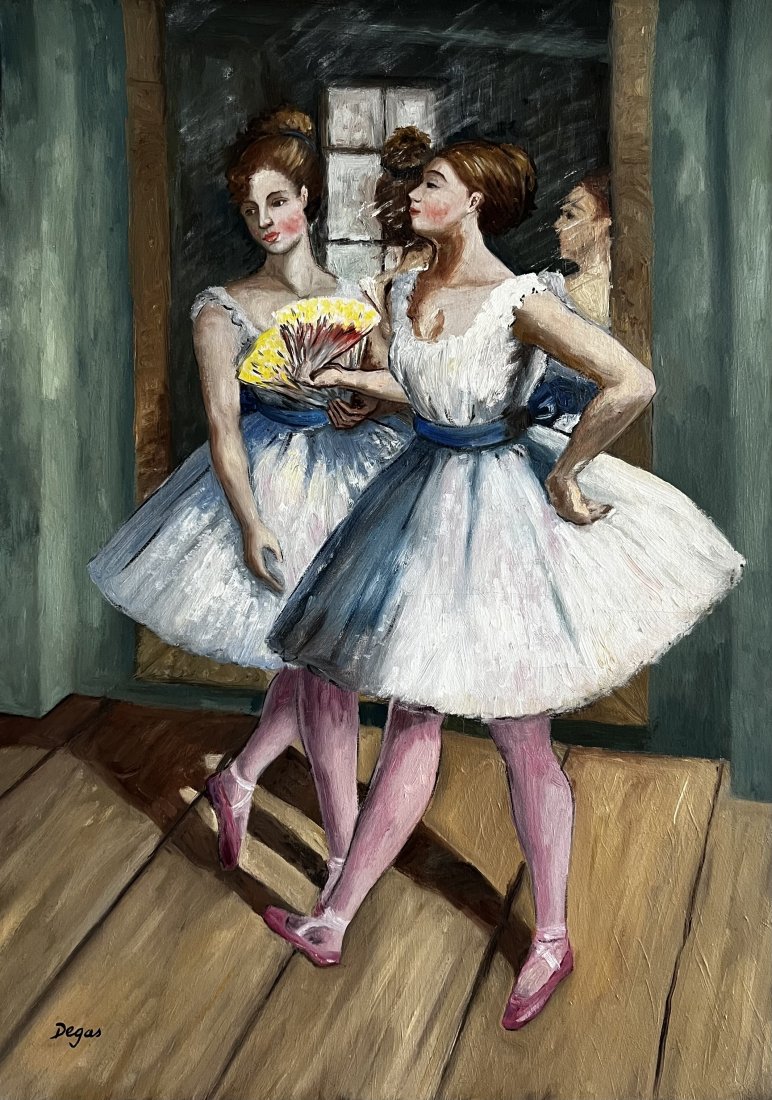 Edgar Degas (Oil on Canvas) In The Style Of: Degas appears in Lower Left. Rendered in the style of Edgar degas Technique: Oil on canvas painting. Measures: 22 x 16. Lived between19 July 1834 â€“ 27 September 1917) was a French Impressionist