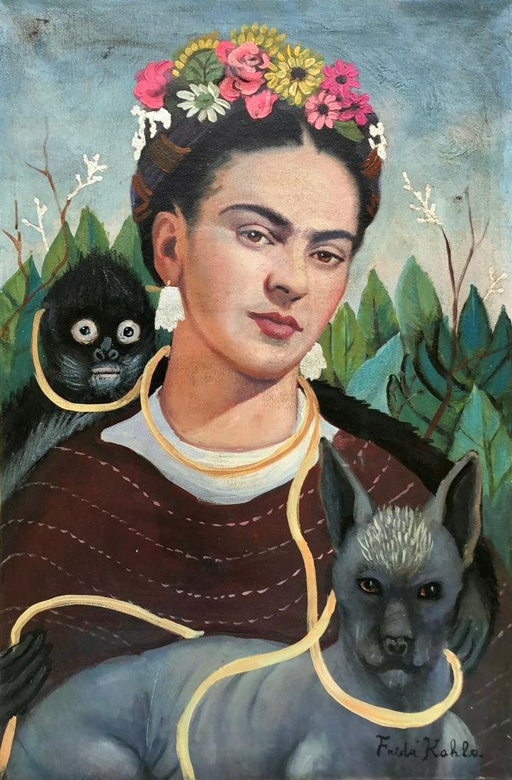 Frida Kahlo (Oil on Canvas) In The Style Of: Frida Kahlo appears in the Lower right margin. Rendered in the style of Frida Kahlo. Technique: Oil on canvas. Measures:23 X 15 Inches. Provenance: Private Collection. Lived between (6 July 1907 13 Ju