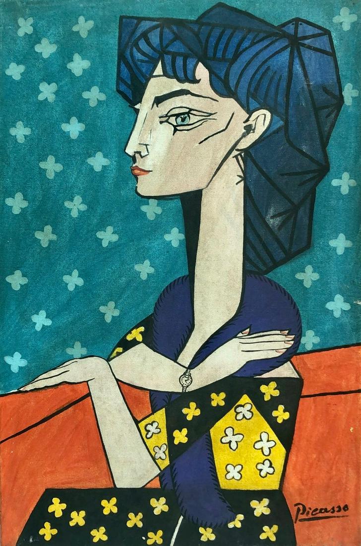 Pablo Picasso (Oil on Canvas) in the style of: Picasso appears in Lower Right. Rendered in the cubist style of Pablo Picasso. Technique: Oil on Canvas. Measures: 23 x 15 Inches. Provenance: Private collection. Lived between (25 October 1881 8 Apri