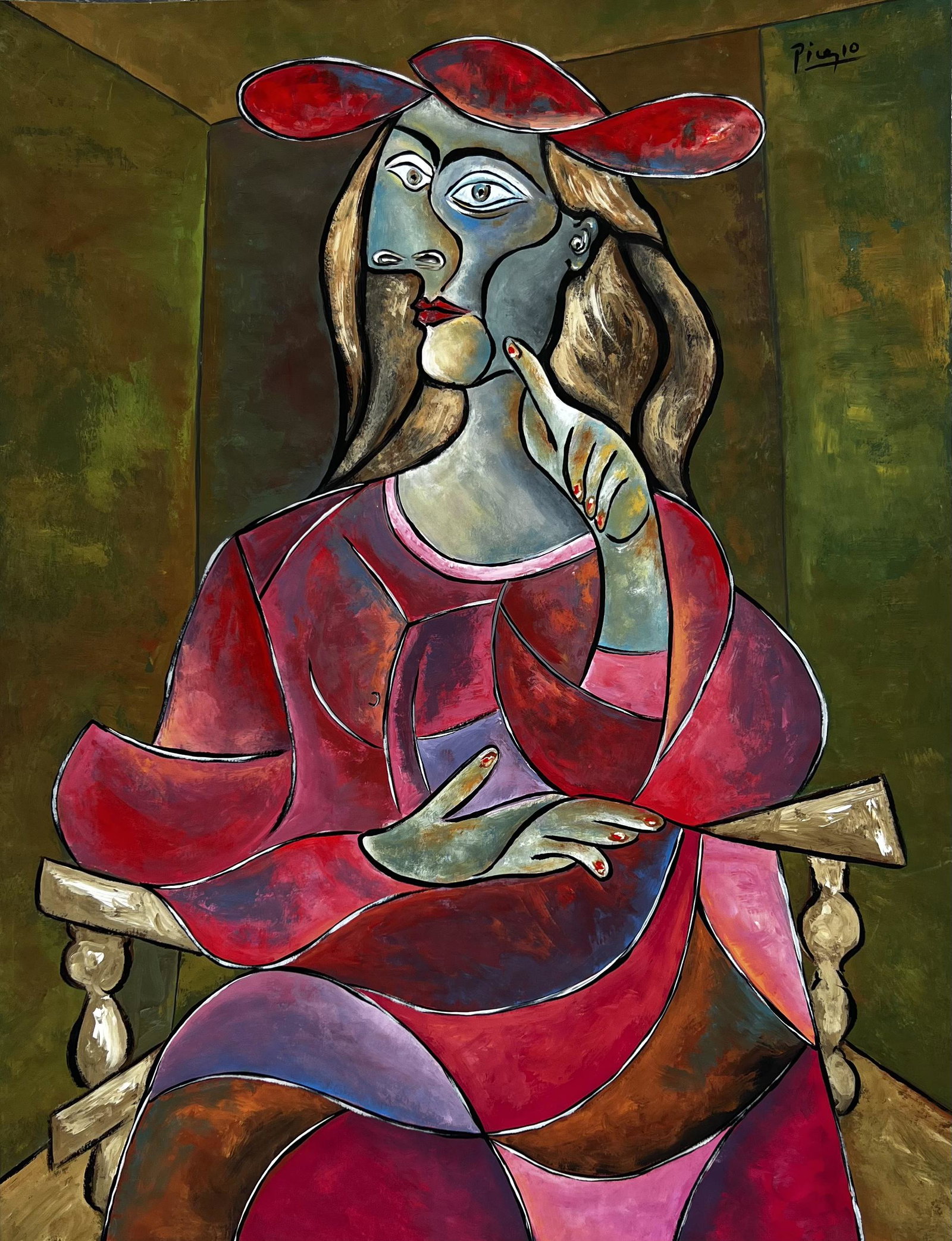 Pablo Picasso (Gouache on Paper) in the style of: Picasso appears in Upper Right. Rendered in the cubist style of Pablo Picasso. Technique: Gouache on Paper. Measures: 18 1/2 x 14 Inches. Provenance: Private collection. Lived between (25 October 1881