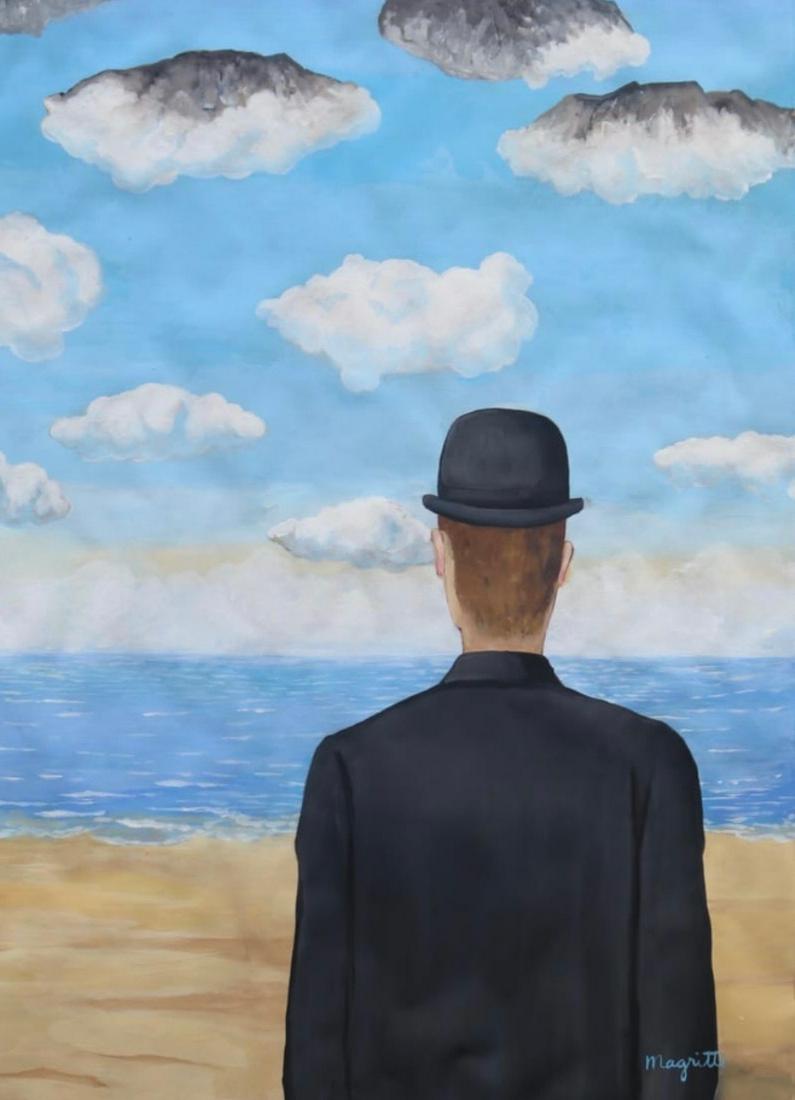 Rene Magritte ( Gouache on Paper ) in the style of: Magritte Appears in Lower right.Rendered in the surrealist Style of Rene Magritte. Technique: Gouache on Paper painting. Measures: 16 1/2 x 12 3/4 Inches. Provenance: Private collection. Lived Between
