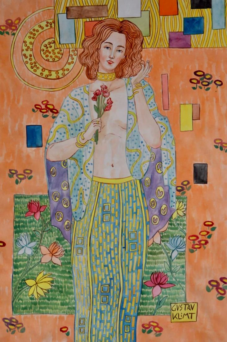 Gustav Klimt ( Watercolor on Paper ) in the style of: Gustav Klimt appears in Lower right. Rendered in the style of Gustav Klimt. Technique: Watercolor on Paper painting. Measures: 20 x 16 Inches. Provenance: Private collection. Live between:(July 14, 18