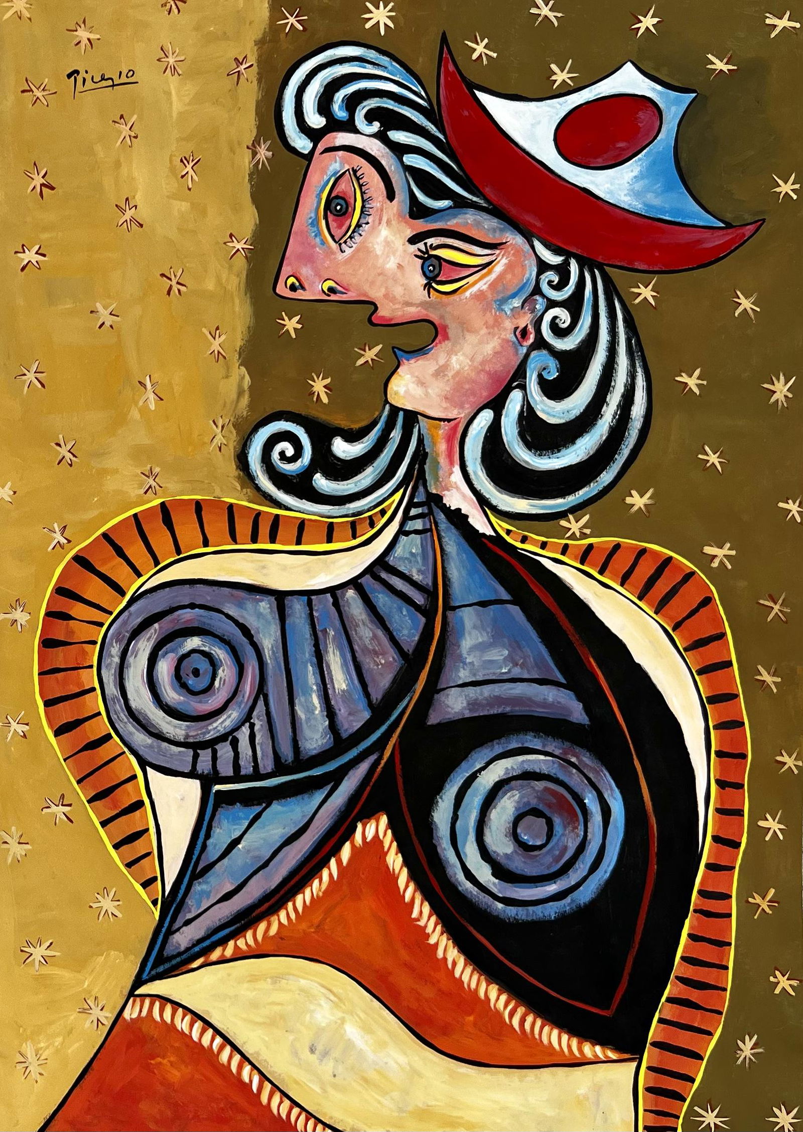 Pablo Picasso (Gouache on Paper) in the style of: Picasso appears in Upper Left. Rendered in the cubist style of Pablo Picasso. Measures: 18 x 13 inches. Technique: Gouache on paper. Provenance: Acquired Directly from the artist by 1968 by the father