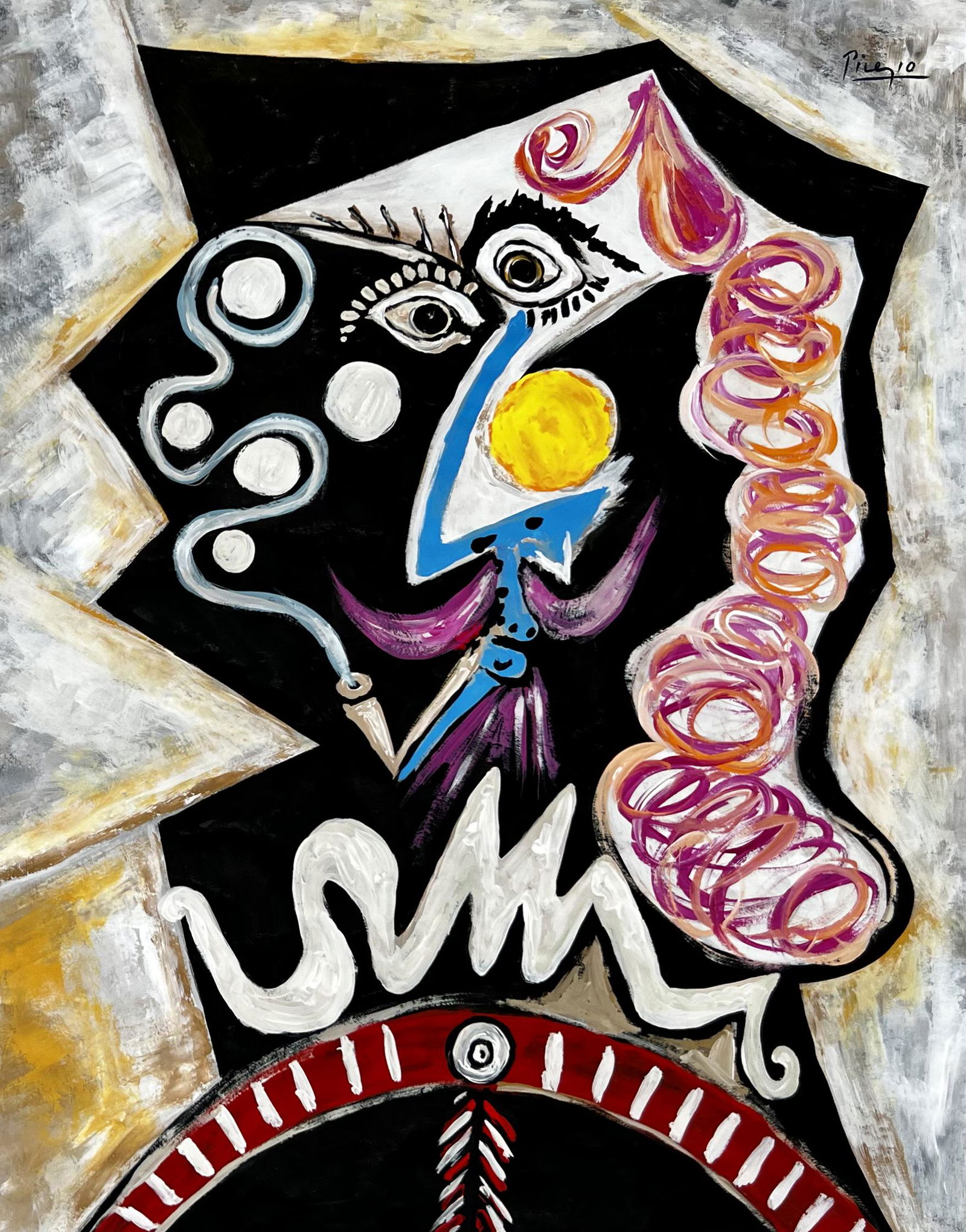 Pablo Picasso ( Gouache on Paper ) in the style of: Picasso appears in Upper Right. Rendered in the cubist style of Pablo Picasso. Technique: Gouache on Paper. Measures: 18 x 14 1/2 Inches. Provenance: Provenance: From a Private Collector in Texas acqu