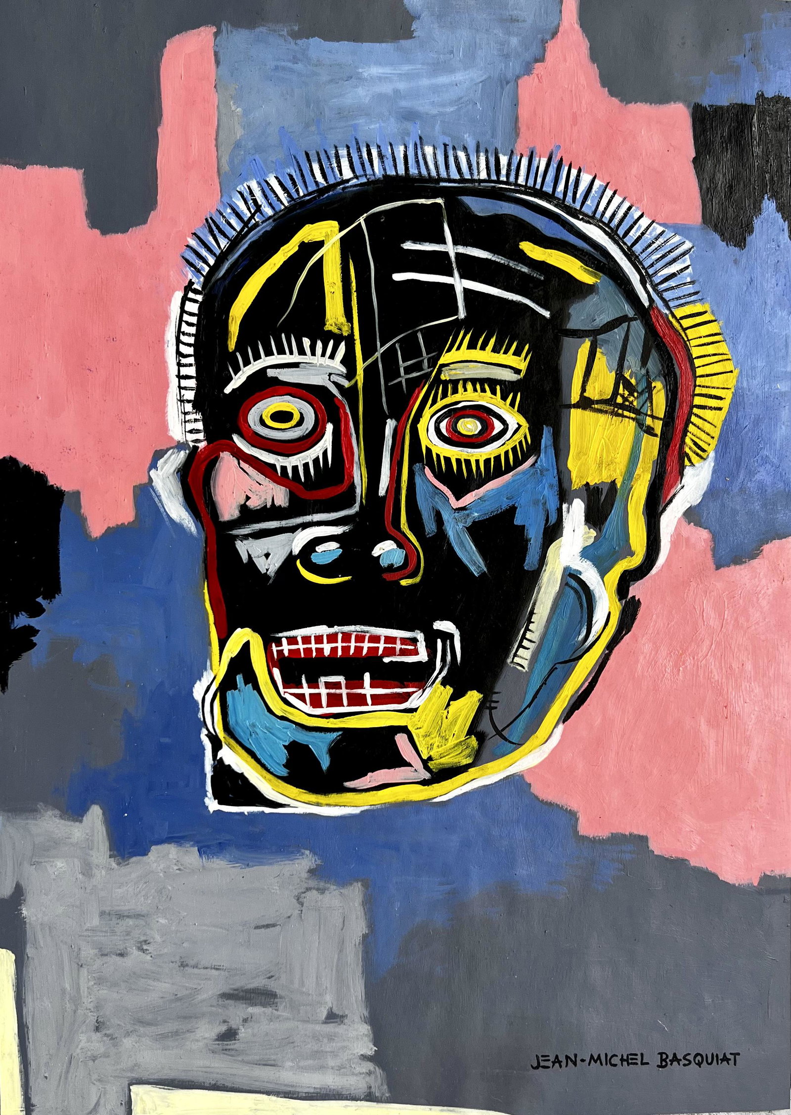 Jean Michel Basquiat (Mixed Media on Paper) in the style of: Jean Michel Basquiat appears lower right. Rendered in the Style of Jean Michel Basquiat. Technique: Mix media on paper painting. Measures: 16 x 13 inches. Provenance:Private collection Los Angeles Pur