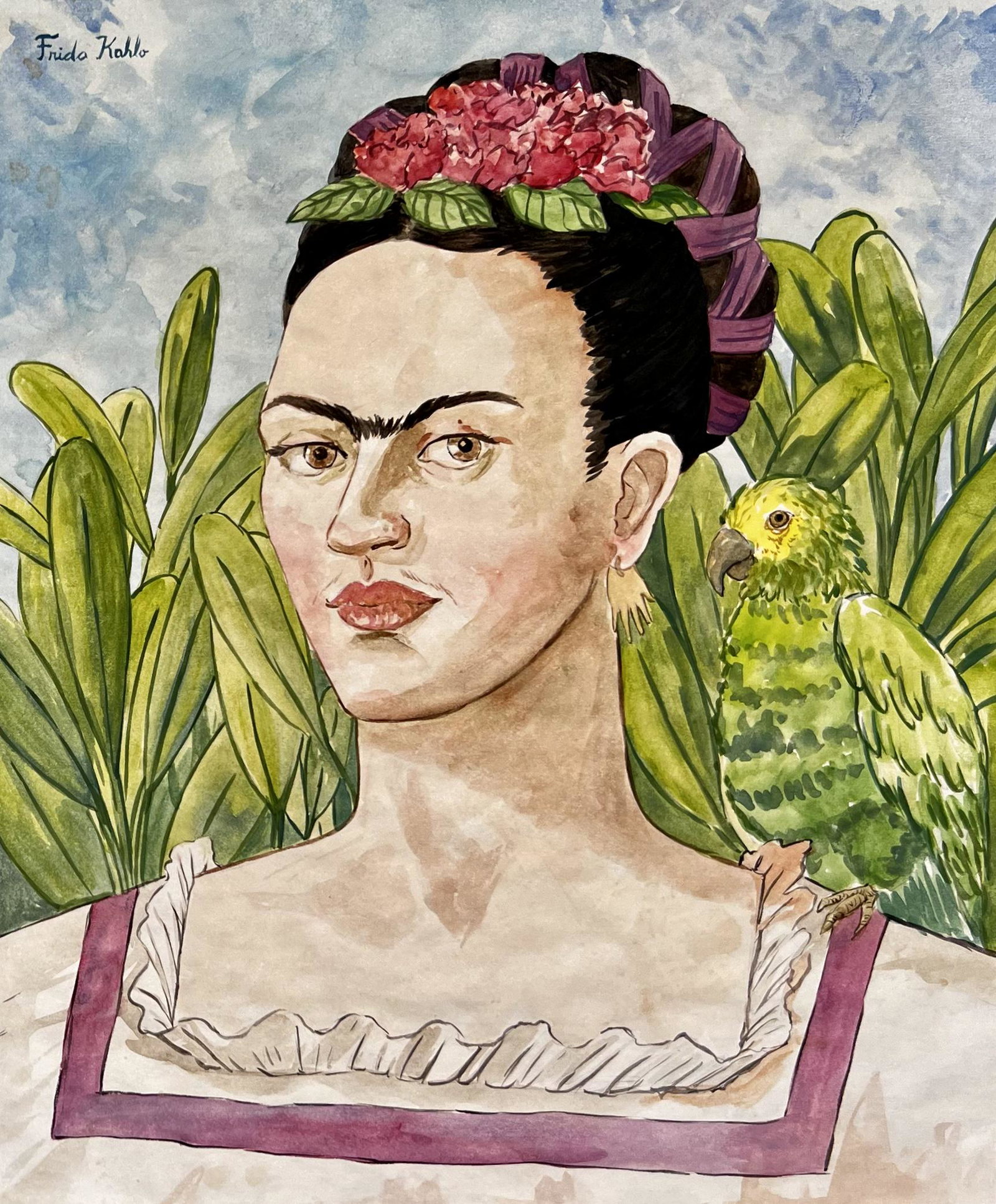 Frida Kahlo (Watercolor on paper) in the style of: Frida Kahlo appears in the Upper Left. Rendered in the style of Frida Kahlo. Technique: watercolor on paper. Measures: 14 1/2 x 12 Inches. Provenance: Maria de la Concepcion Friend of the Artist Mexic