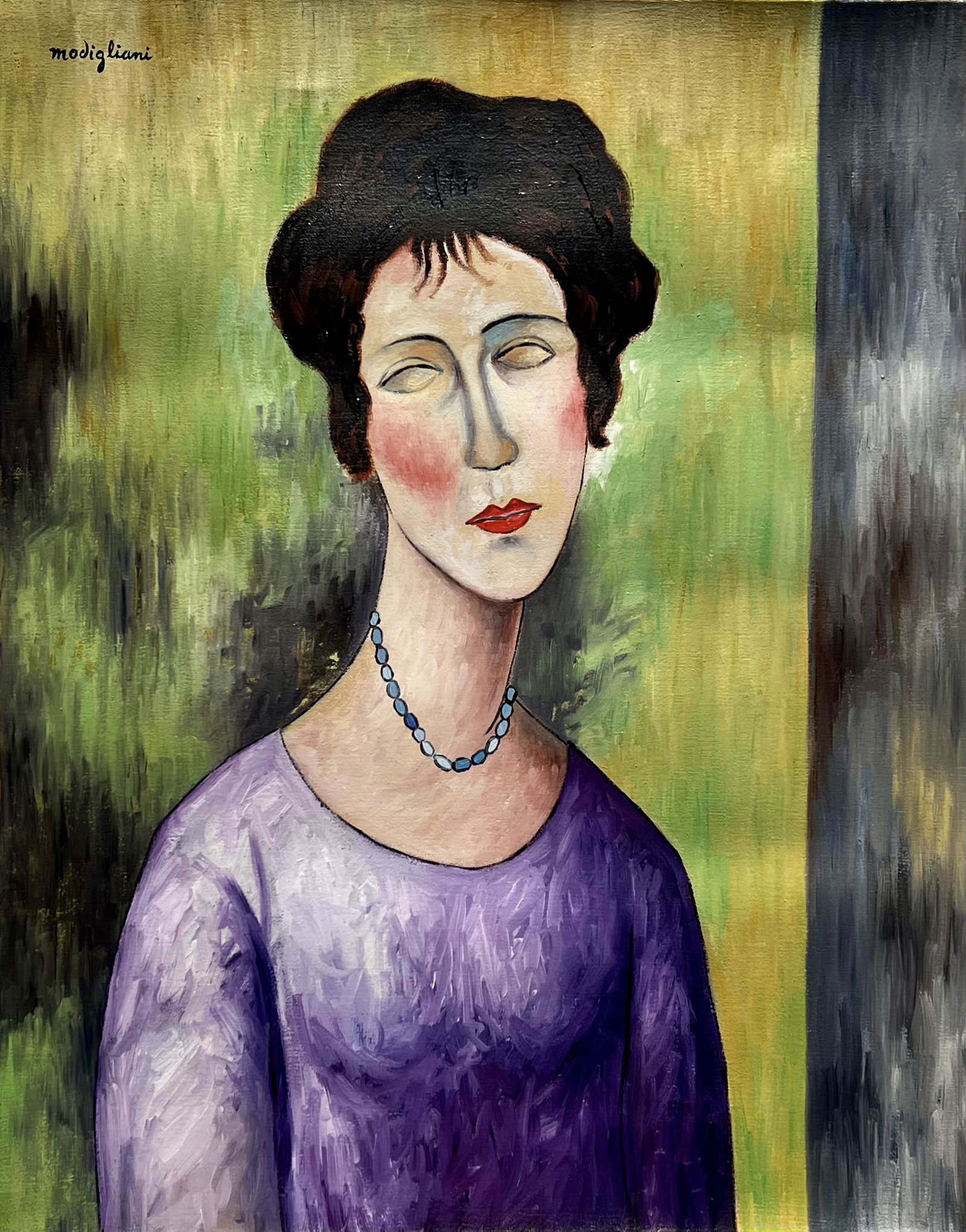 Amedeo Modigliani (Oil on Canvas) in the style of: Modigliani appears in upper left margin. Rendered in the style of Amedeo Modigliani. Technique: Oil on Canvas. Measures: 20 x 16 inches.Provenance:Private Collection. A Certificate Accompanies this Pi