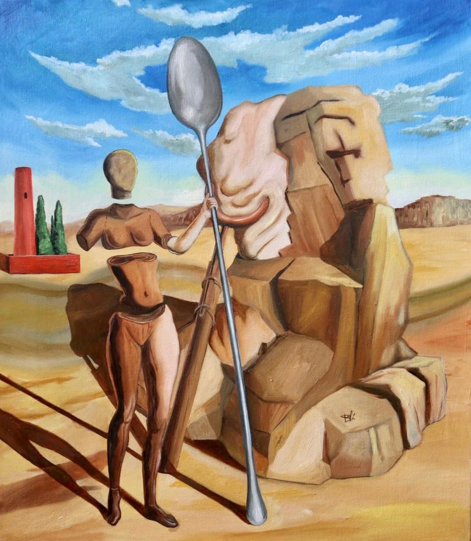Salvador Dali (Oil on Canvas Painting ) in the style of: Dali appears in Lower Right .Rendered in the surrealist style of Salvador Dali. Technique: Oil on canvas Painting. Measures: 16 x 14 Inches. Provenance: Group Inap Spain . This Piece has a Certificate