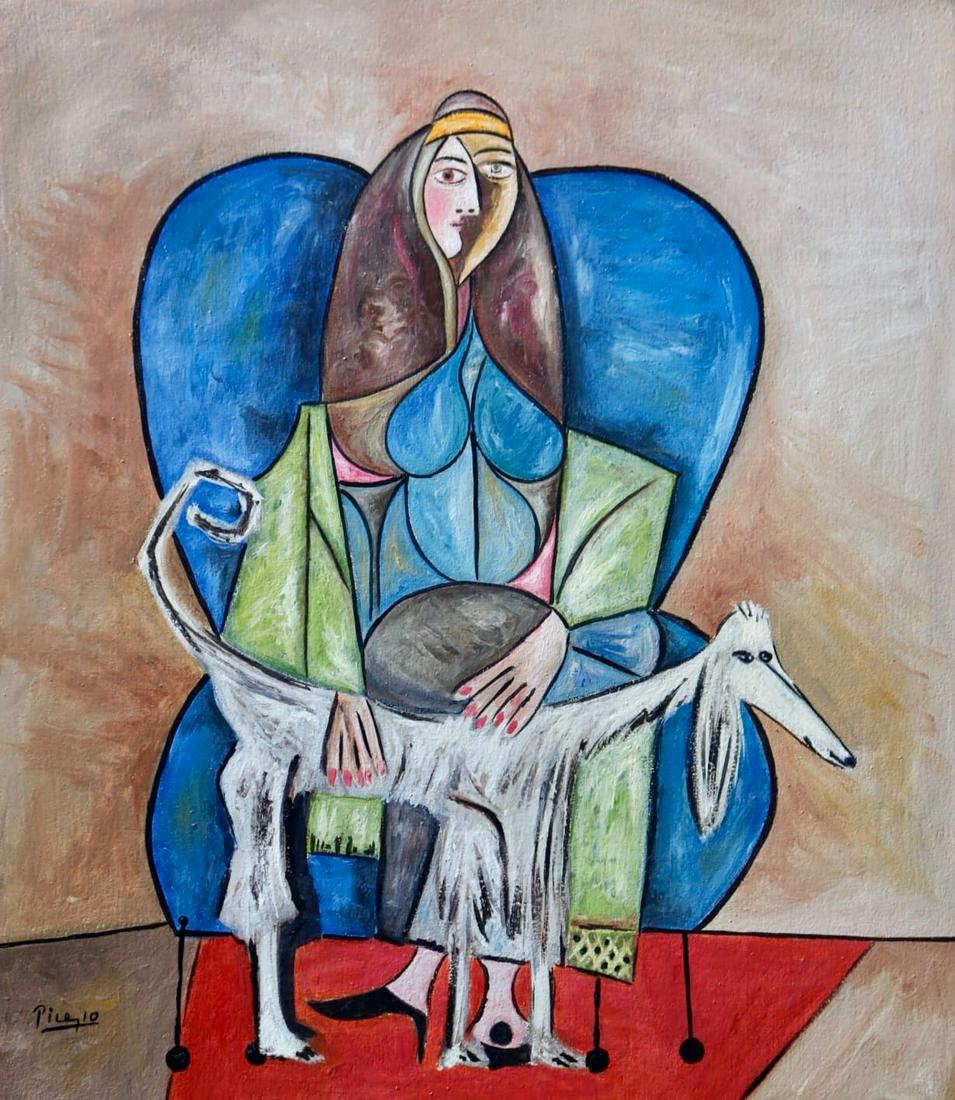 Pablo Picasso (Oil on Canvas Painting) in the style of: Picasso appears in Lower Left. Rendered in the cubist style of Pablo Picasso. Technique: Oil on Canvas. Measures: 16 x 14 Inches. Provenance:This Painting is Accompanied with a certificate of Authenti