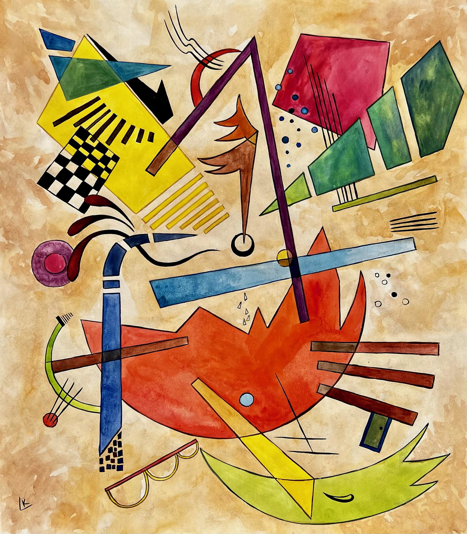 Wassily Kandinsky (Watercolor on Paper Painting ) in the style of: Kandinsky appears in Lower left. Rendered in the style of Wassily Kandinsky. Technique: Watercolor on Paper Painting. Measures: 16 x 14 Inches. Provenance:Private Collection Germany , Acquired from Ge