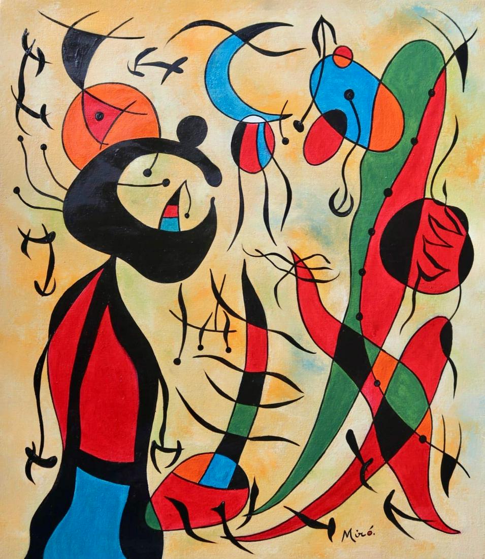 Joan Miro ( Oil on Canvas Painting ) in the style of: Miro appears in Lower left. Rendered in the surrealist style of Joan Miro. Technique: Oil on Canvas Painting. Measures: 16 x 14 Inches. Provenance: From Mr Fernand Graindorge , Private Collection Spai