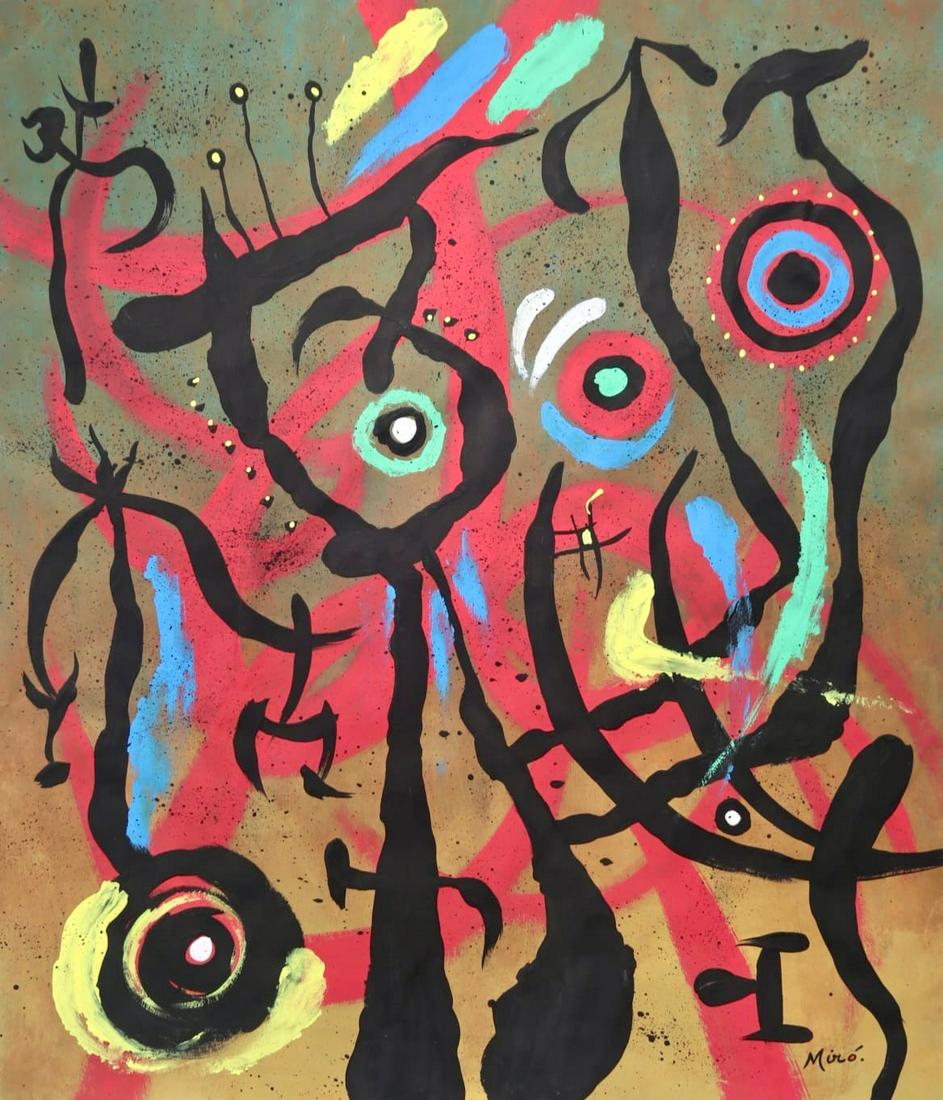 Joan Miro (Gouache on Paper Painting ) in the style of: Miro appears in Lower Right. Rendered in the surrealist style of Joan Miro. Technique: Gouache on Paper Painting. Measures: 16 x 14 Inches. Provenance:Provenance Private collection Spain.A Certificate