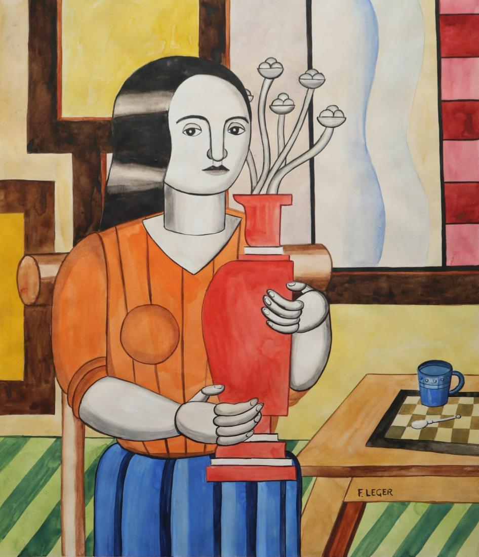 Fernand Leger Watercolor on Paper Painting ) in the style of: Fernand Leger appears in Lower Right. Rendered in the Cubist style of Fernand Leger. Technique: Watercolor on nPaper Painting. Measures: 14 x 12 Inches. Provenance: Private Collection.A Certificate of
