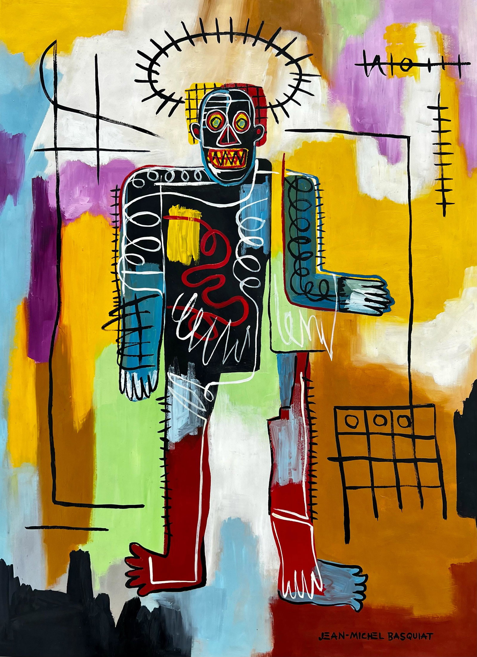 Jean Michel Basquiat (Mixed Media on Paper Painting) in the style of: Jean Michel Basquiat appears in Lower Right of the painting. Rendered in the style of Jean Michel Basquiat. Technique: Mixed Media on Paper Painting. Measures: 18 1/2 x 13 1/2 Inches. Provenance: Coll