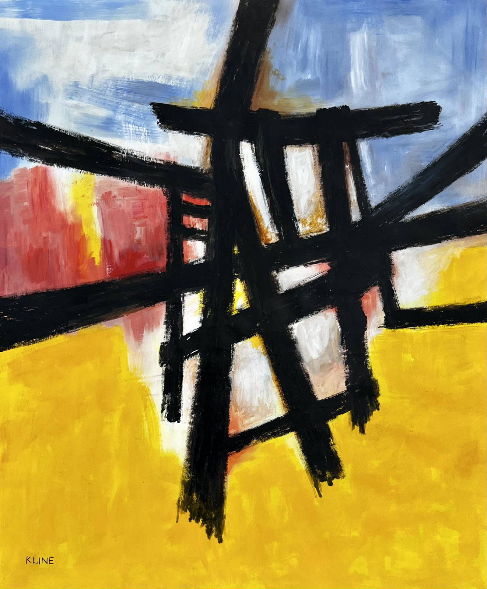 Franz Kline (Oil on Paper Painting) in the style of: Franz Kline appears in Lower Left of the painting. Rendered in the style of Franz Kline. Technique: Oil on Paper Painting. Measures: 24 x 20 Inches. Provenance: From the State of Gladis Backman friend