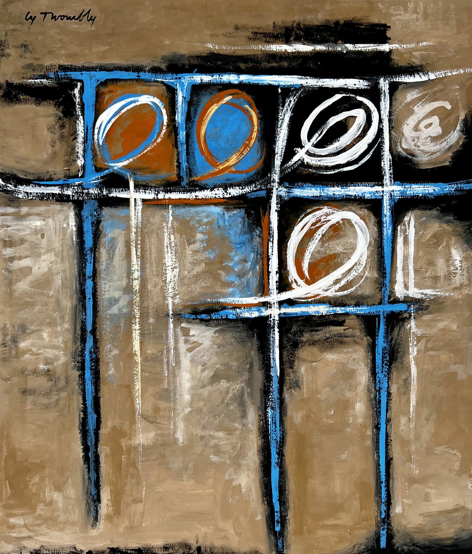 Cy Twombly (Gouache on Paper Painting) in the style of: Cy Twombly appears in Upper Left of the painting. Rendered in the style of Cy Twombly. Technique: Gouache on Paper Painting. Measures: 14 x 12 Inches. Provenance:Private Collection .A Certificate of A
