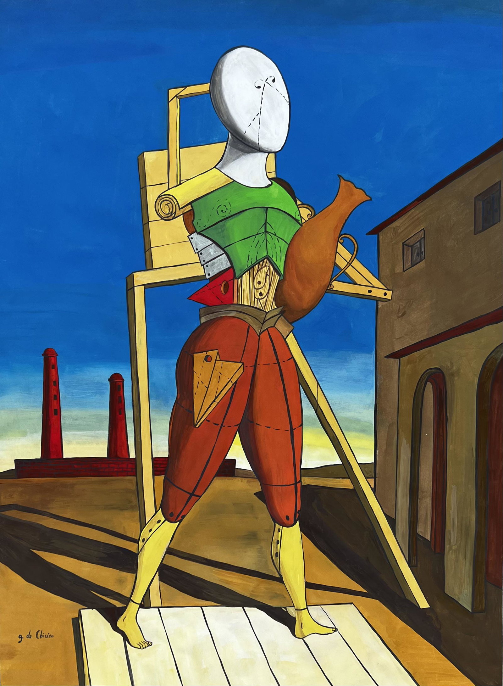 Giorgio de Chirico ( Gouache on Paper Painting ) in the style of: Giorgio de Chirico appears in Lower Left of the painting. Rendered in the style of Giorgio de Chirico . Technique: Gouache on Paper Painting. Measures: 18 x 13 Inches. Provenance:Private Collection Ro