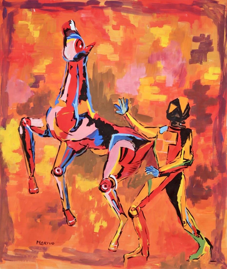 Marino Marini (Gouache on Paper Painting) in the style of: Marino Marini appears in Lower Left of the painting. Rendered in the style Marino Marini . Technique: Gouache on Paper Painting. Measures: 14 x 12 Inches. Provenance:Private Collection.A Certificate o