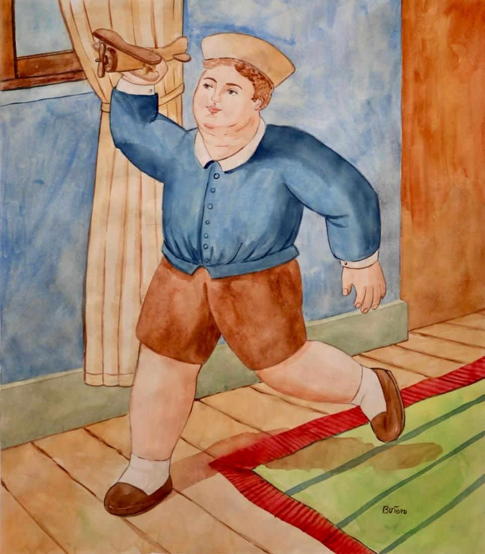 Fernando Botero ( Watercolor on Paper Painting ) in the style of: Botero appears in Lower Right of the painting. Rendered in the style of Fernando Botero . Technique:Watercolor on Paper Painting. Measures: 15 x 13 Inches. Provenance:Private Collection Miami. A Certi