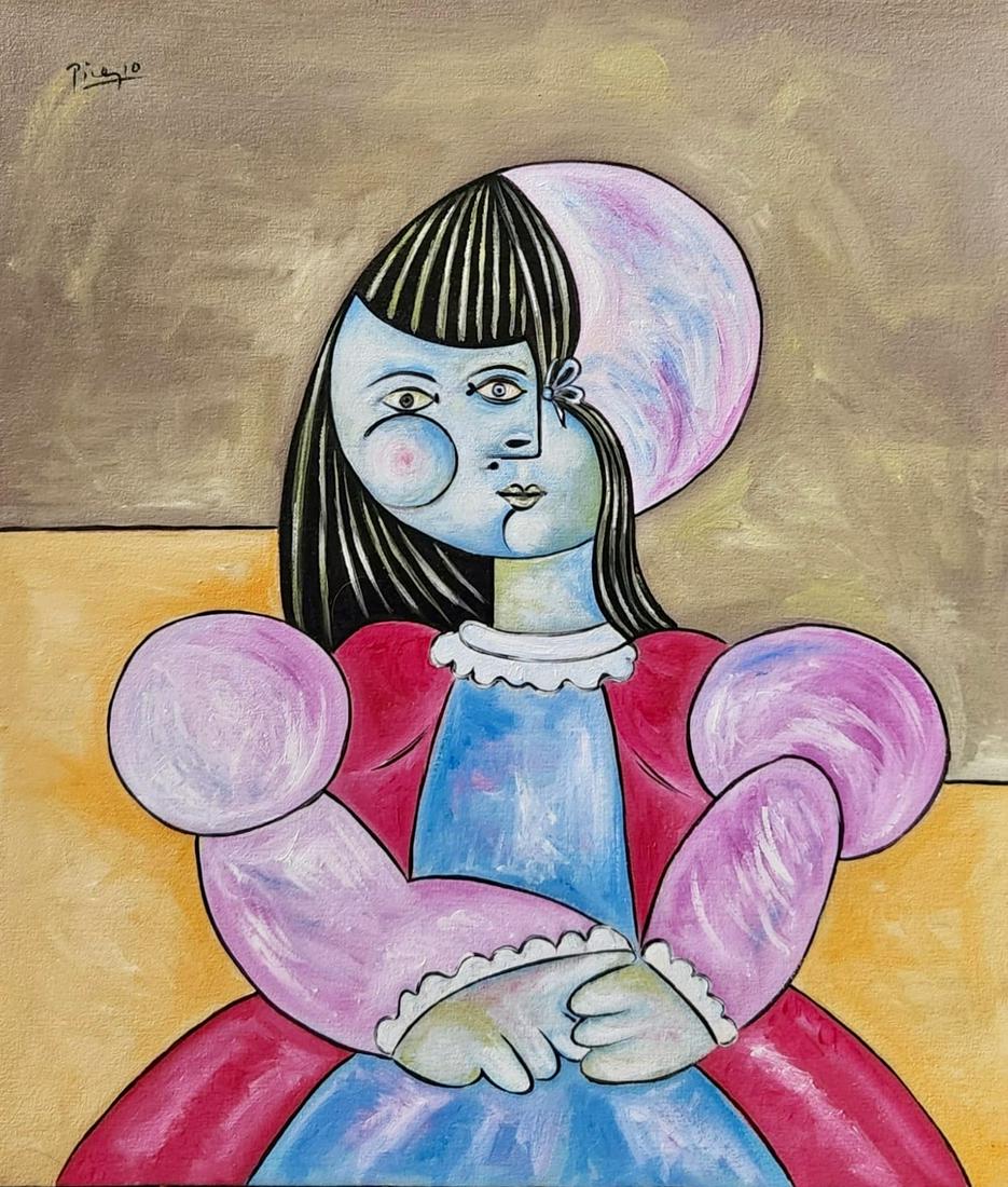 Pablo Picasso (Oil on Canvas Painting) in the style of: Picasso appears in the Upper Left of the painting. Rendered in the cubist style of Pablo Picasso. Technique: Oil on Canvas. Measures: 15 x 13 Inches. Provenance: Private Collection. This Painting is A