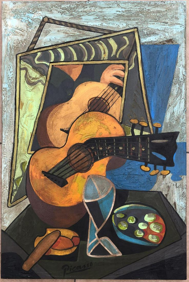 Pablo Picasso (Oil on Canvas Painting) in the style of: Picasso appears in Center low. Rendered in the cubist style of Pablo Picasso. Technique: Oil on Canvas. Measures: 23 1/2 x 15 1/2 Inches. Provenance: Private Collection. This Painting is Accompanied w