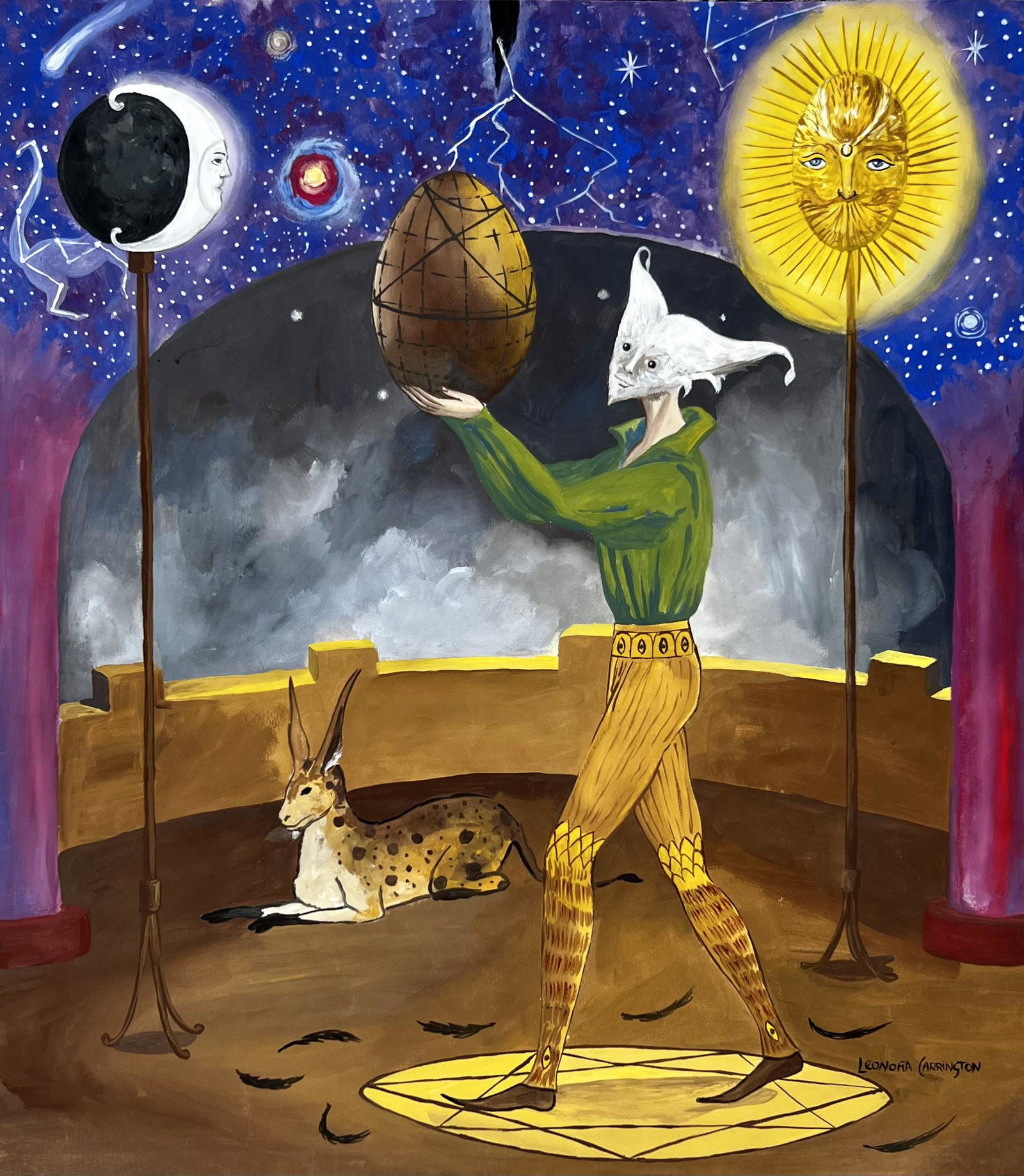 Leonora Carrington ( Gouache on Paper Painting ) in the style of: Leonora Carrington appears in Lower Right of the painting. Rendered in the style of Leonora Carrington . Technique:Gouache on Paper Painting. Measures: 16 x 14 Inches. Provenance:Private Collection . 
