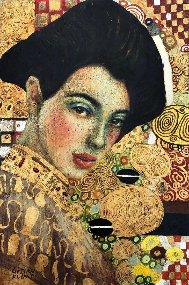 Gustav Klimt (Oil on Canvas Painting ) in the style of: Gustav Klimt appears in Lower Left of the painting. Rendered in the style of Gustav Klimt. Technique: Oil on Canvas Painting. Measures: 23 1/2 x 15 1/2 Inches. Provenance:Private Collection . This is 