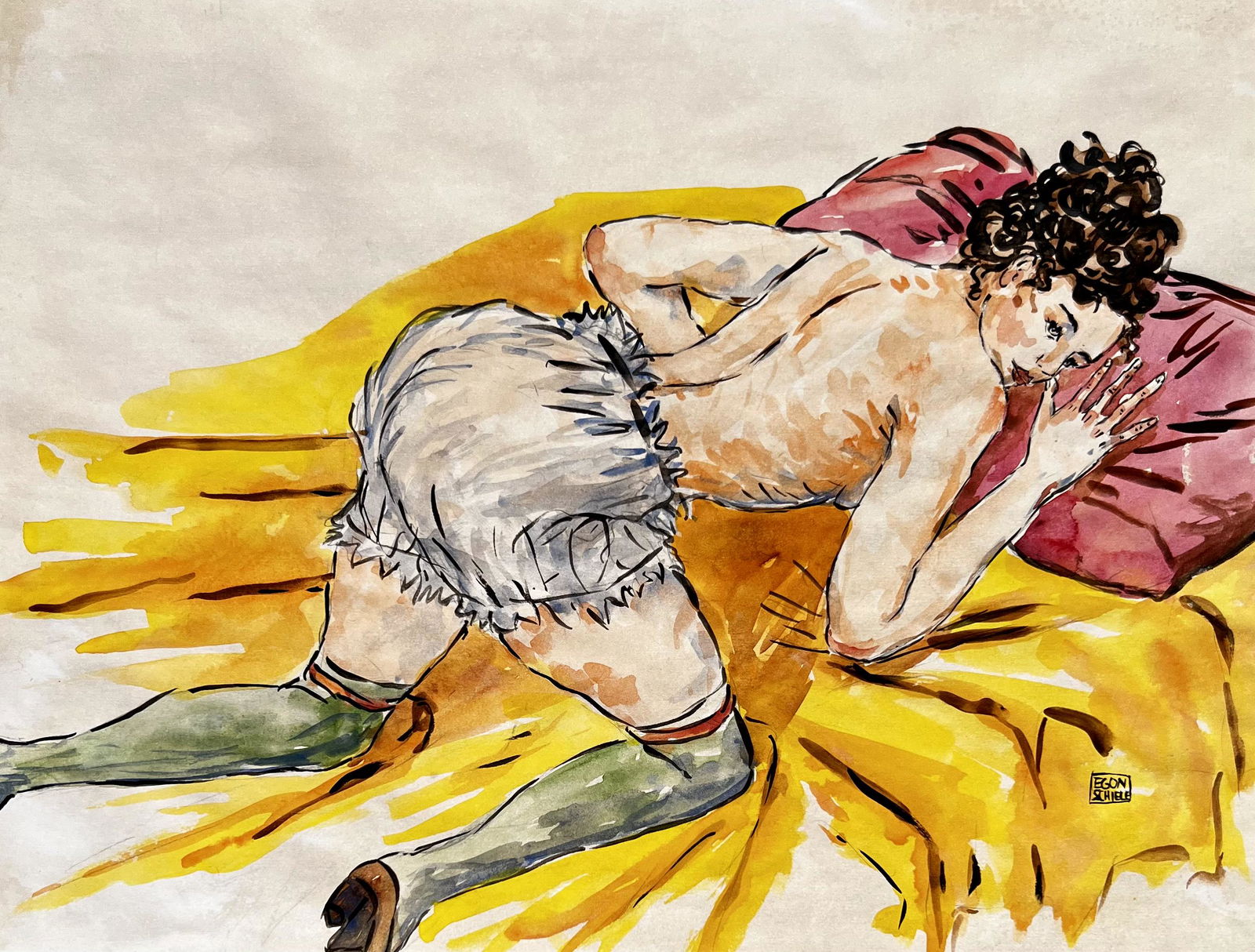 Egon Schiele ( Watercolor on paper Painting ) in the style of (1 of 3)
