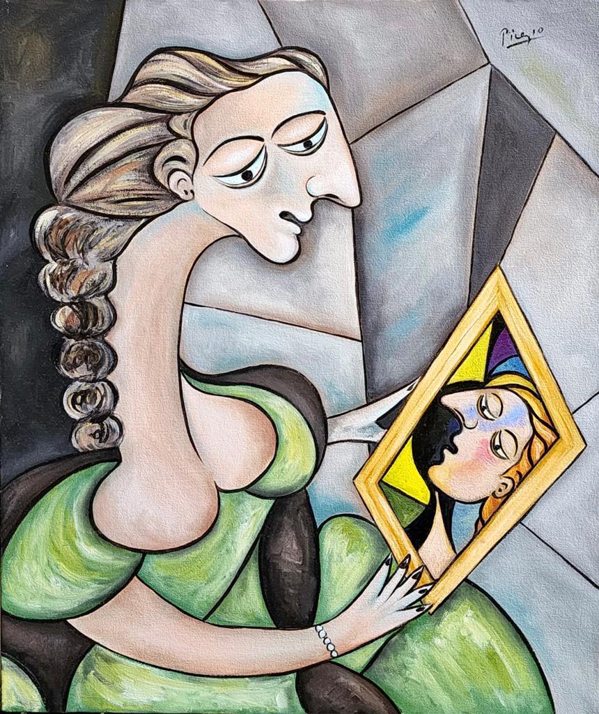 Pablo Picasso (Oil on Canvas Painting) in the style of: Picasso appears in Upper Right. Rendered in the cubist style of Pablo Picasso. Technique: Oil on Canvas. Measures: 18 x 15 Inches. Provenance: Private Collection. This Painting is Accompanied with a c