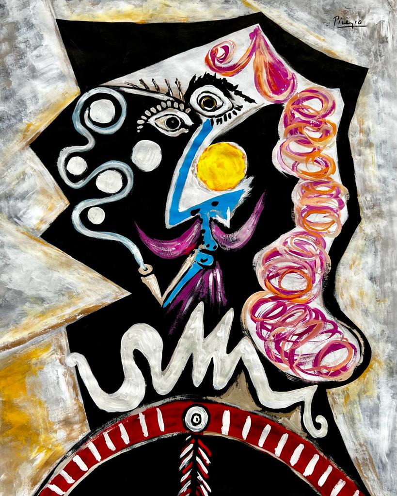 Pablo Picasso (Gouache on Paper Painting) in the style of: Picasso appears in Upper Right. Rendered in the cubist style of Pablo Picasso. Technique:Gouache on Paper Painting. Measures: 18 x 14 1/2 Inches. Provenance: Private Collection. This Painting is Accom