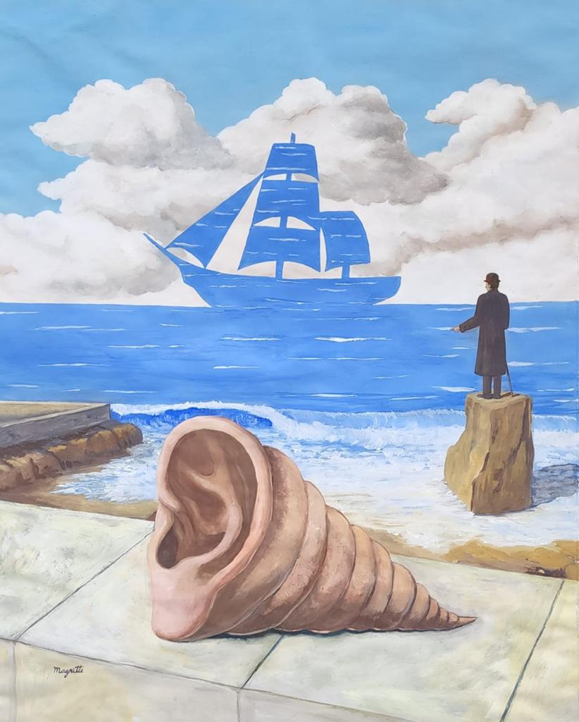 Rene Magritte ( Gouache on Paper Painting ) in the style of: Rene Magritte appears in Lower Left of the painting. Rendered in the style of Rene Magritte. Technique: Gouache on Paper Painting. Measures: 20 x 16 Inches. Provenance: Private collection. This is not